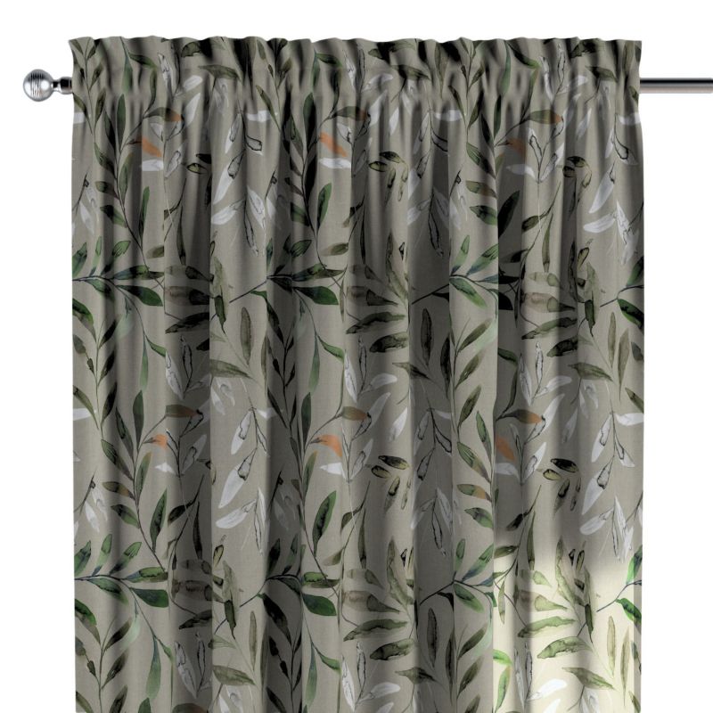 Zasłona na kanale z grzywką 1 szt. 130 x 245 cm Dekoria zielone gałązki na szarym tle 1 szt.