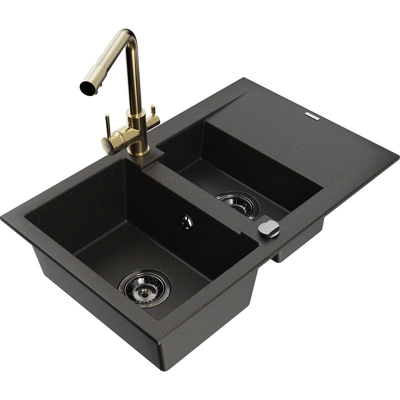 Zlewozmywak granitowy 1.5-komorowy Mexen Gaspar z ociekaczem i baterią kuchenną Duero czarny/złoty 6507-75-671600-50-B