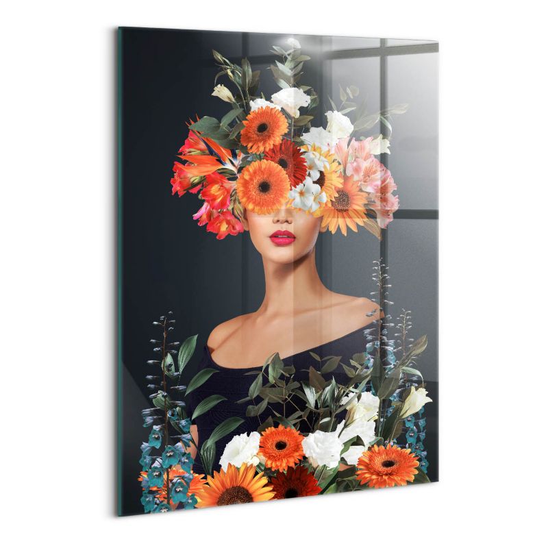 Foto Obraz Ścienny Szklany Wallfluent 70x100 cm Głowa kobiety w kwiatach 1 szt.