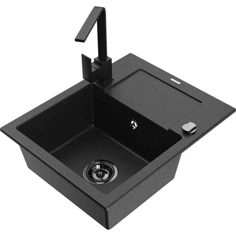 Zlewozmywak granitowy 1-komorowy Mexen Enzo z ociekaczem i baterią Rita czarny/srebrny metalik - 6506-73-670300-50 1 szt.