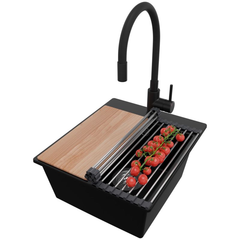 Zlewozmywak Granitowy Ryga Easy PRIMAGRAN Nablatowy 38x44cm do szafki od 40cm z Syfonem i Baterią i Dodatkiem Czarny 1 szt.