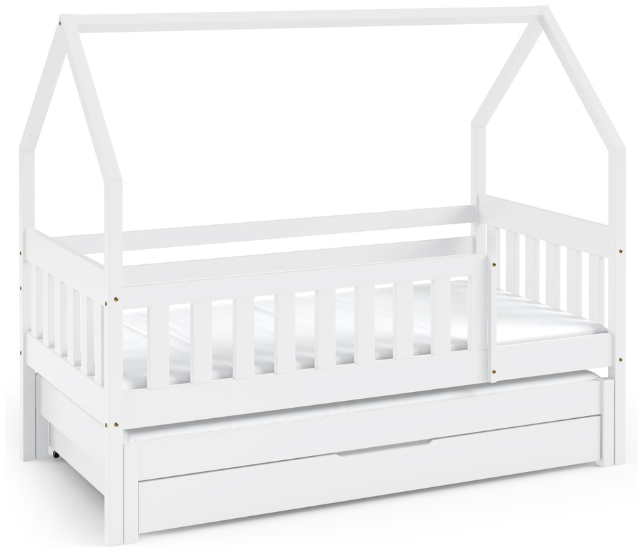Drewniane białe łóżko domek do pokoju dziecięcego 80x160 cm z barierką MELANIA