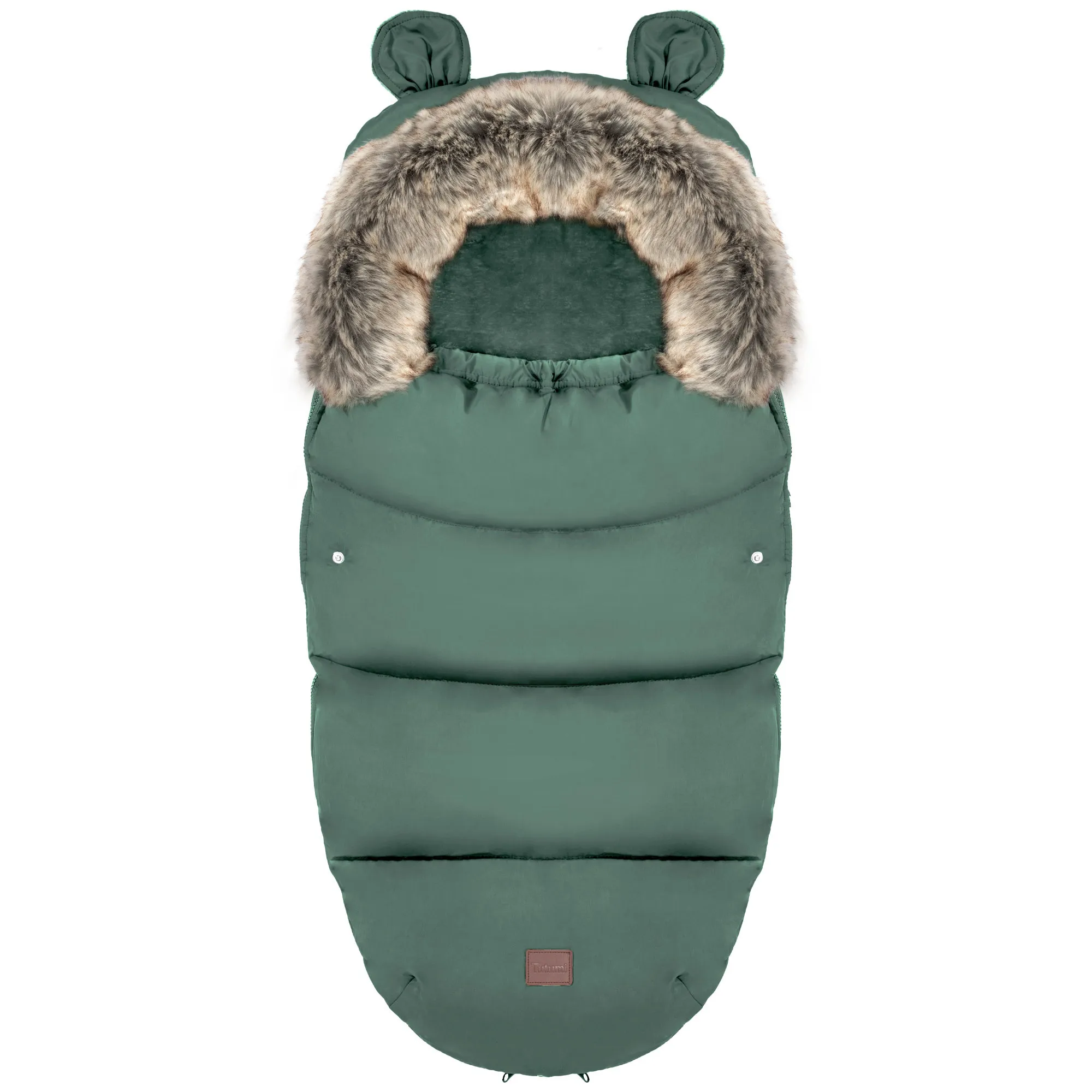 Zimowy śpiworek do wózka z uszkami i futerkiem butelkowa zieleń BWT