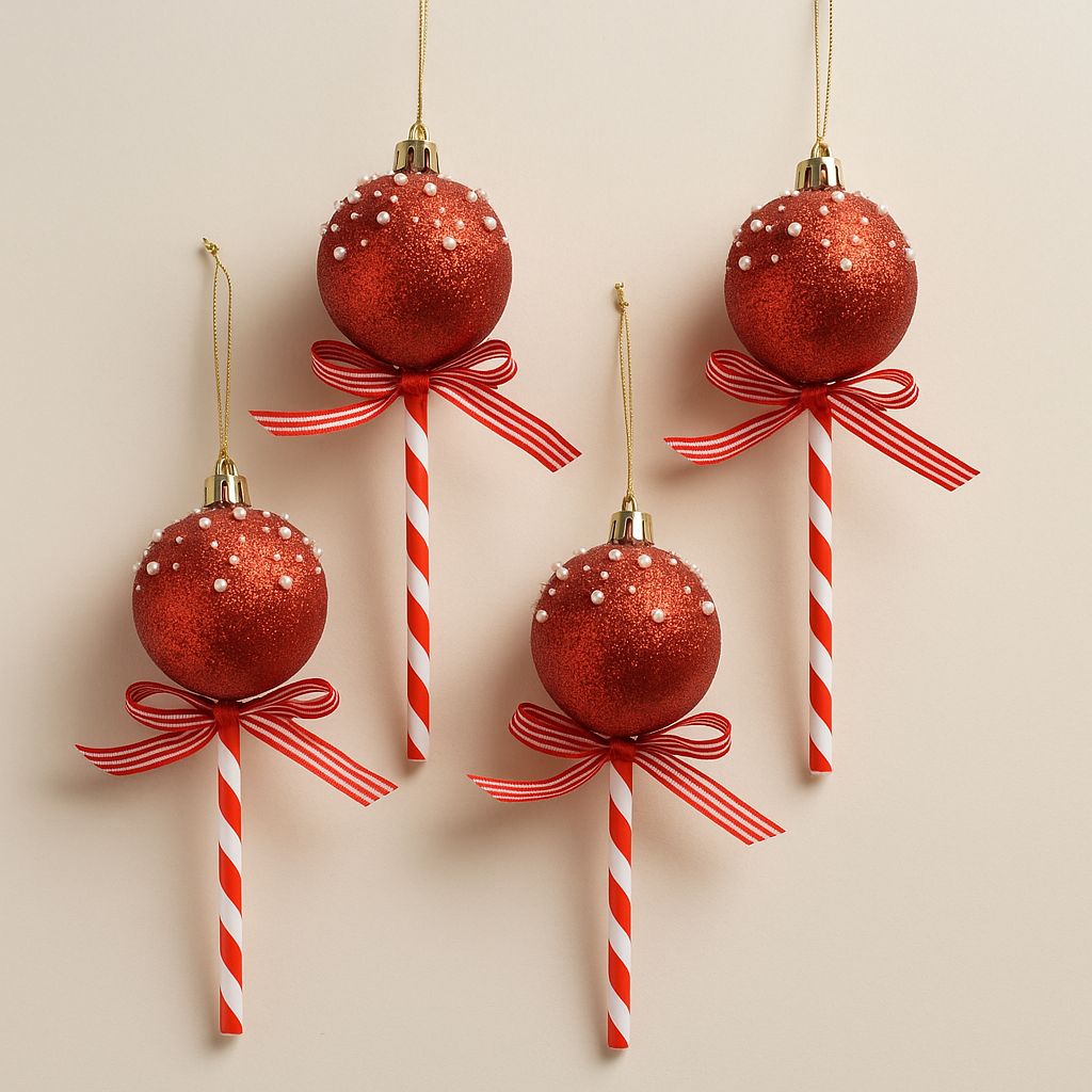 Zestaw 4 ozdób świątecznych w kształcie lizaka – czerwone dekoracje bożonarodzeniowe 15 cm db