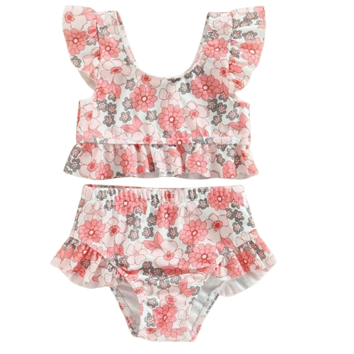 Kostium kąpielowy dwuczęściowy z falbankami kwiatuszki 68-98 NS