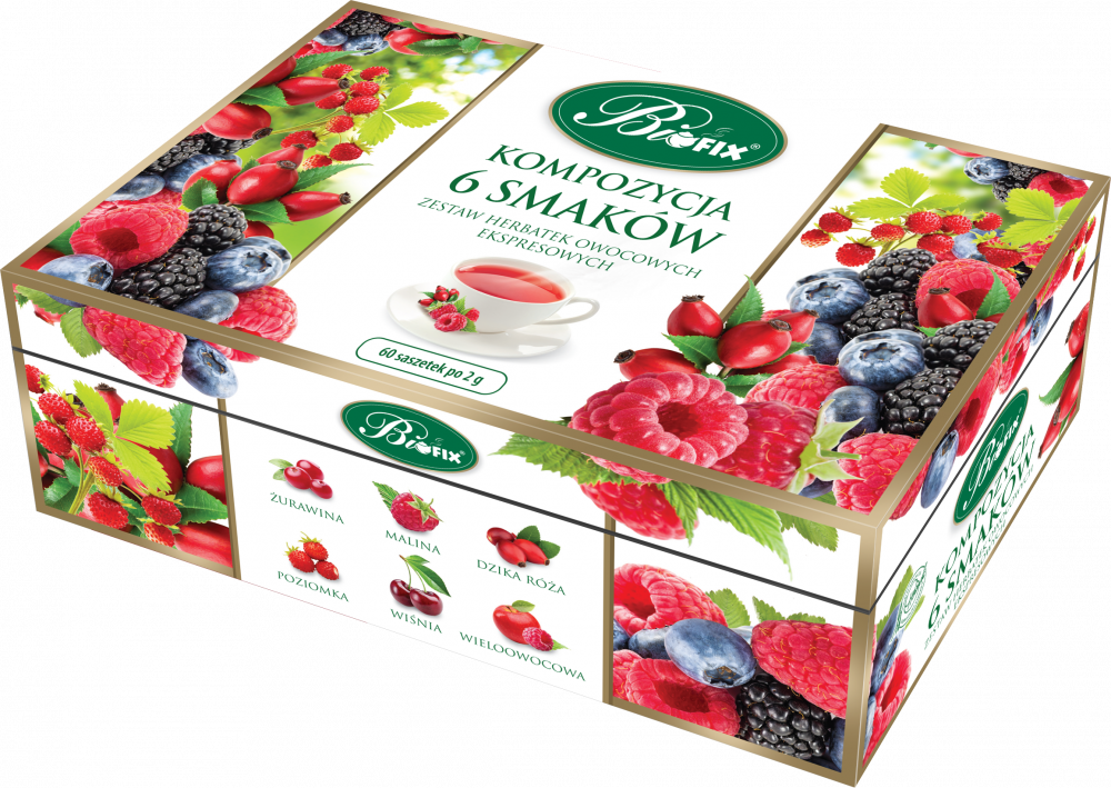 Zestaw herbat w kopertach BiFix, Kompozycja 6 herbat owocowych, 6 smaków, 60 sztuk x 2g