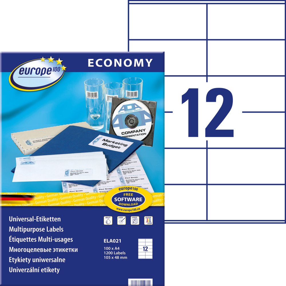 Etykiety samoprzylepne Economy Europe 100, 105x48mm, 100 arkuszy