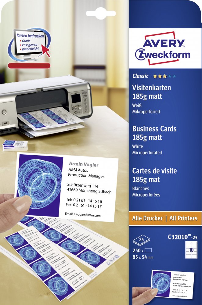 Wizytówki Avery Zweckform, dwustronne, z mikroperforacją, matowe, 85x54mm, 250 sztuk, biały