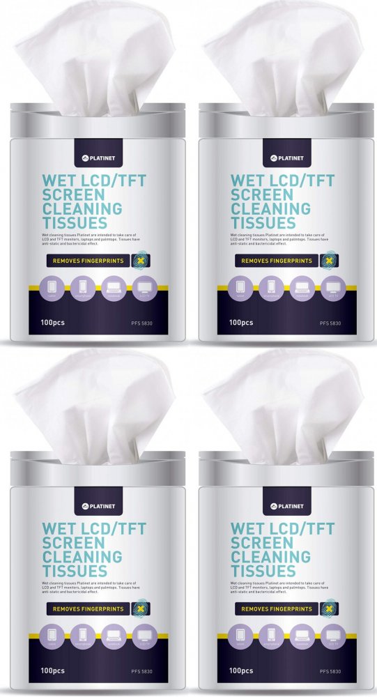 4x Chusteczki nasączone do LCD Platinet, 11x9,4cm, tuba, 100 sztuk