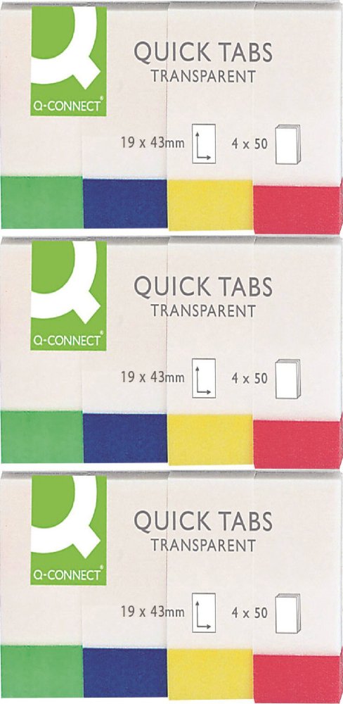 3x Zakładki samoprzylepne Q-connect proste, indeksujące,folia, transparentne, 25x45mm, 4x40 sztuk, mix kolorów neonowych