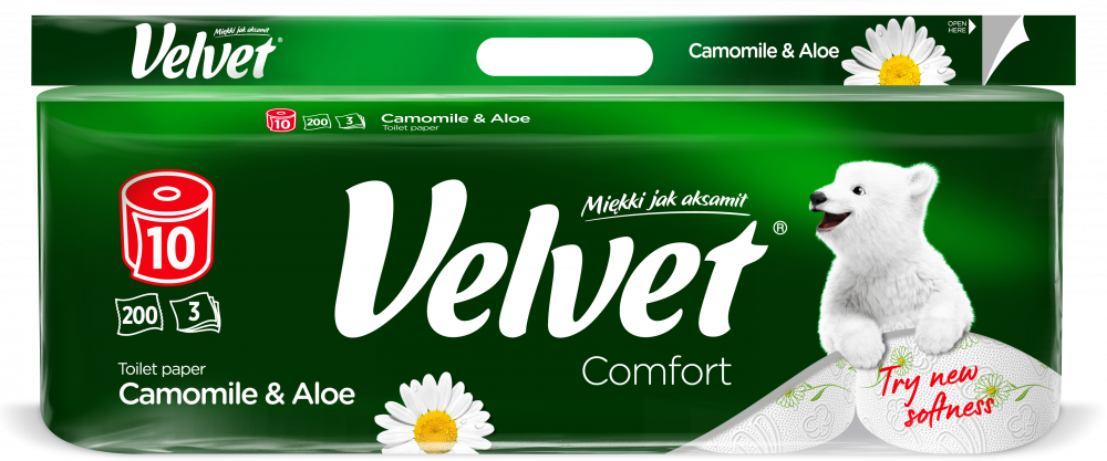 Papier toaletowy Velvet Comfort Camomile & Aloe, 3-warstwowy, 10 rolek, 25m, biały