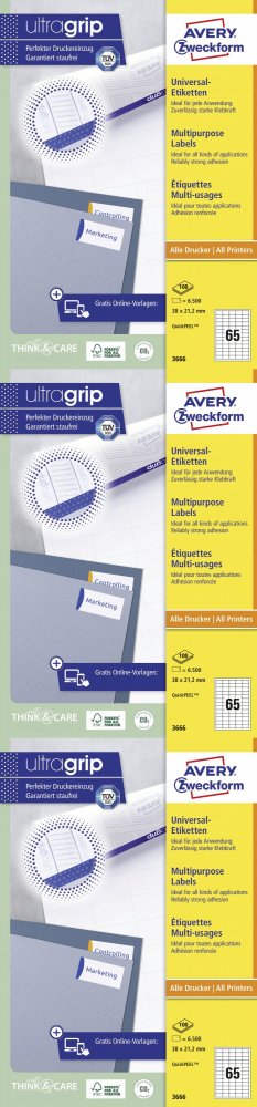 3x Etykiety samoprzylepne Avery Zweckform, 38x21.2mm, 100 arkuszy, biały