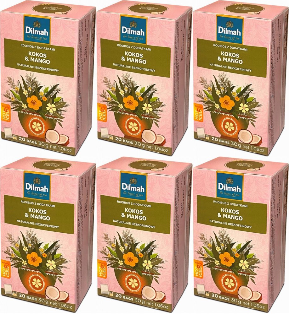 6x Herbata Rooibos w torebkach Dilmah Coconut & Mango, kokos i mango, 20 sztuk x 1.5g