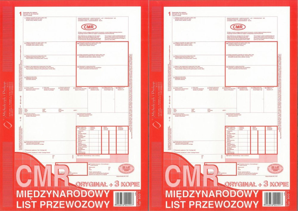 2x Druk akcydensowy CMR Międzynarodowy list przewozowy MP 800-3N, A4, numerowany, 5 kopii, 84k