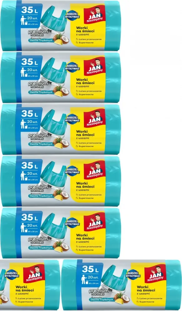7x Worki na śmieci Jan Niezbędny T-shirt, HDPE, zapachowe, na odpady zmieszane, 35l, 20 sztuk, niebieski
