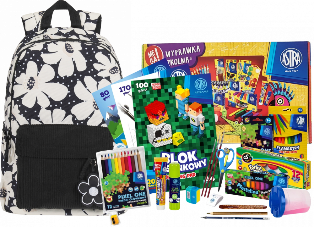 Zestaw: Plecak szkolny Oxford Bloom, czarno-beżowy + Wyprawka szkolna dla klas 1-3 Astra Pixel One (L), 21 elementów