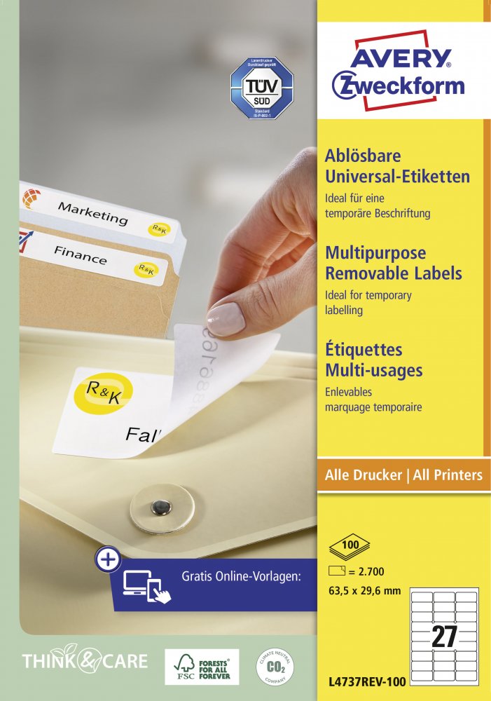 Etykiety samoprzylepne usuwalne Avery Zweckform, 63.5x29.6mm, 100 arkuszy, biały