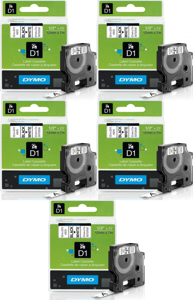 5x Taśma Dymo D1, 12mmx7m, nadruk czarny, taśma biała