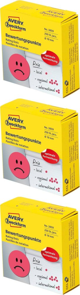 3x Etykiety "smutna buźka" Avery Zweckform, okrągłe, średnica 19mm, 250 sztuk, czerwony