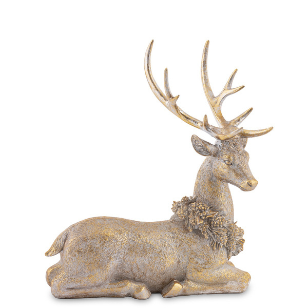 Figurka renifer leżący złoty przycierany z wiankiem