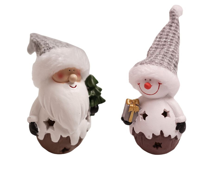 Bałwan/Mikołaj ceramiczny LED z prezentem/choinką, szara czapa 18cm