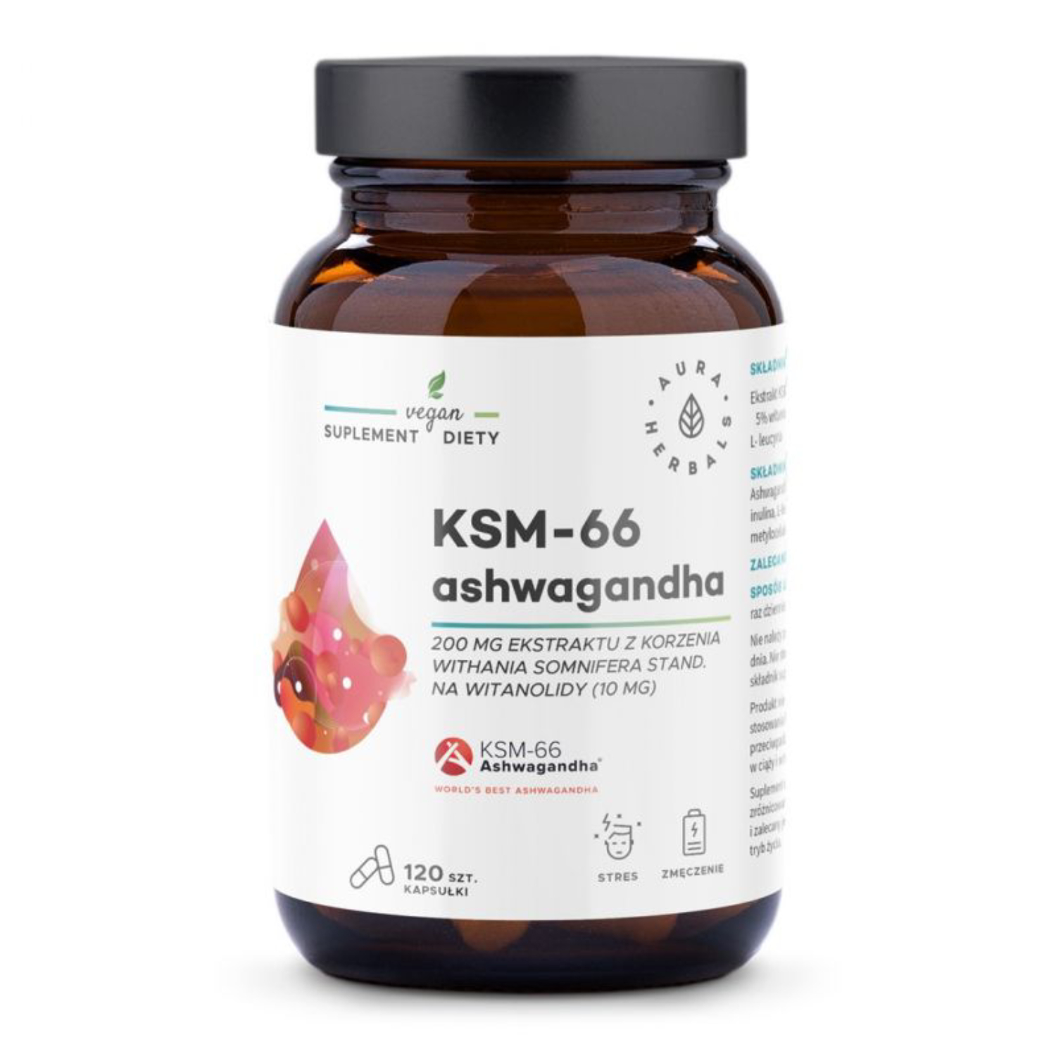 Aura herbals - ashwagandha ksm-66 200 mg, poprawia odporność organizmu na stres, 120 kapsułek