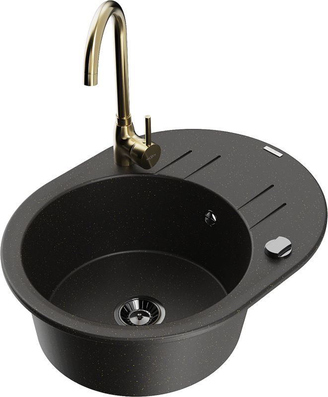 Zlewozmywak granitowy Mexen Kevin 1-komorowy z ociekaczem i baterią kuchenną Telma czarny/złoty 6517-75-670200-50-B