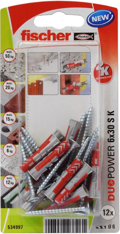 Kołek uniwersalny Fischer Duopower 6 x 30 z wkrętem 12 szt.
