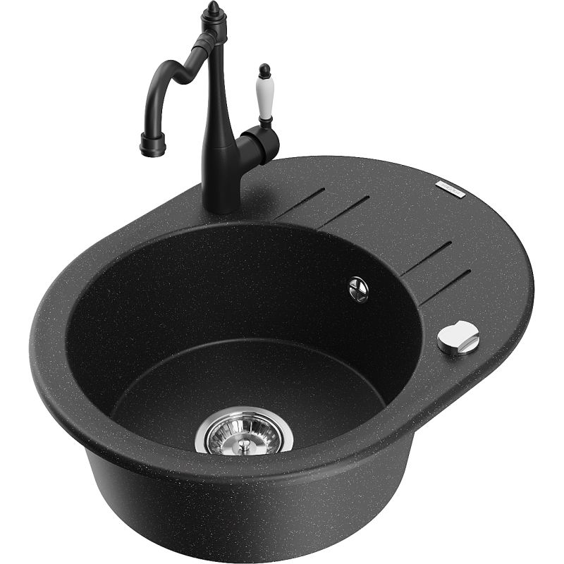 Zlewozmywak granitowy 1-komorowy Mexen Kevin z ociekaczem i baterią Carla czarny/srebrny metalik - 6517-73-670700-00 1 szt.