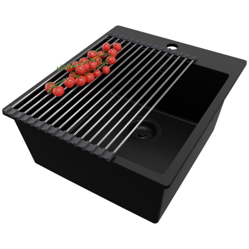 Zlewozmywak Ryga PRIMAGRAN Nablatowy 43x50cm do szafki od 45cm z Syfonem i Dodatkiem Cały Czarny 1 szt.