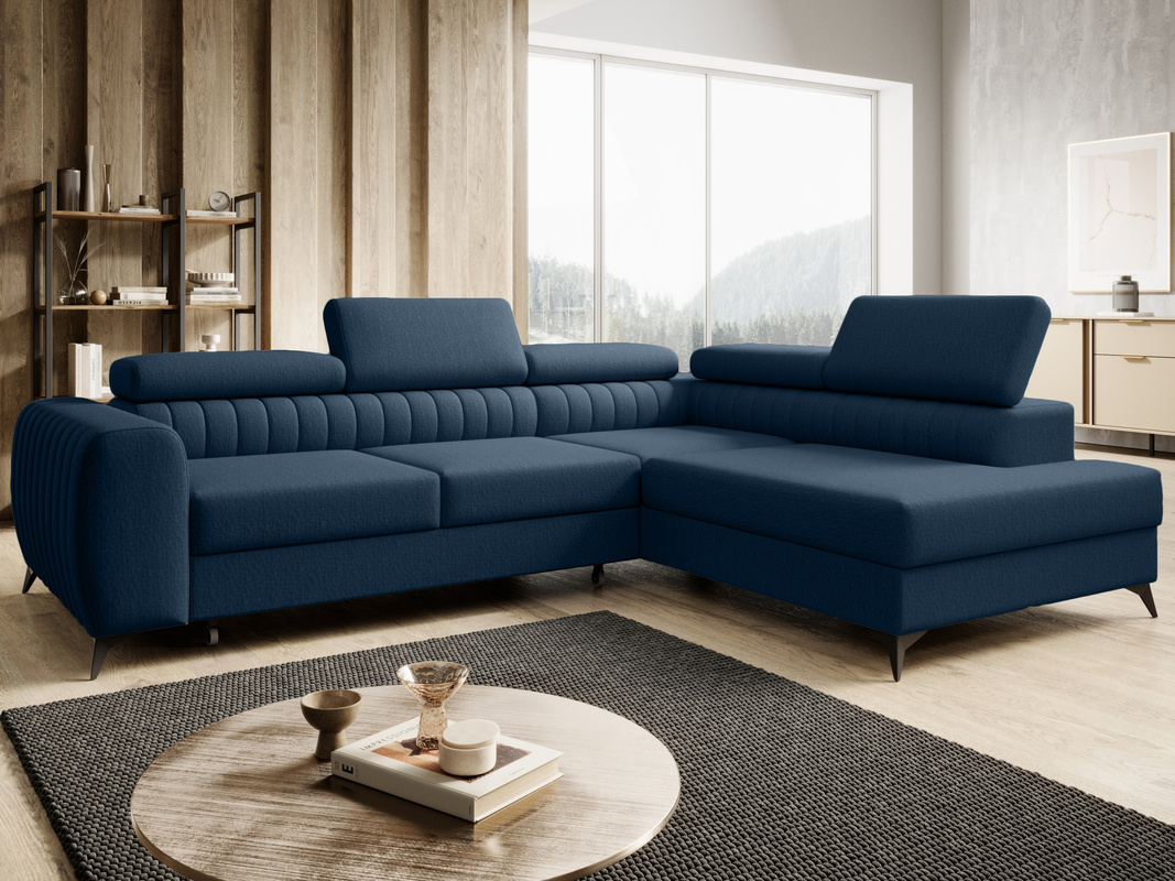 Granatowa rogówka do salonu PAULLETTO funkcja spania pojemnik