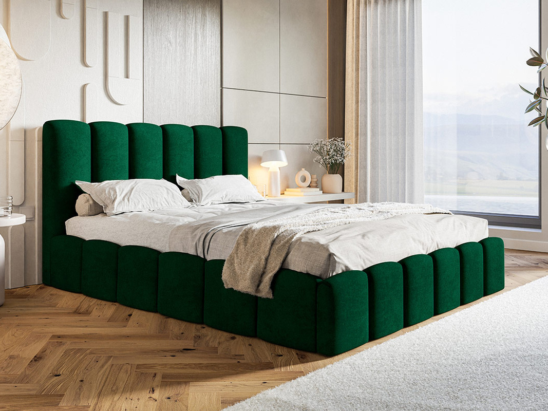 Zielone łóżko tapicerowane 180x200 cm z pojemnikiem do sypialni małżeńskie SALERNO