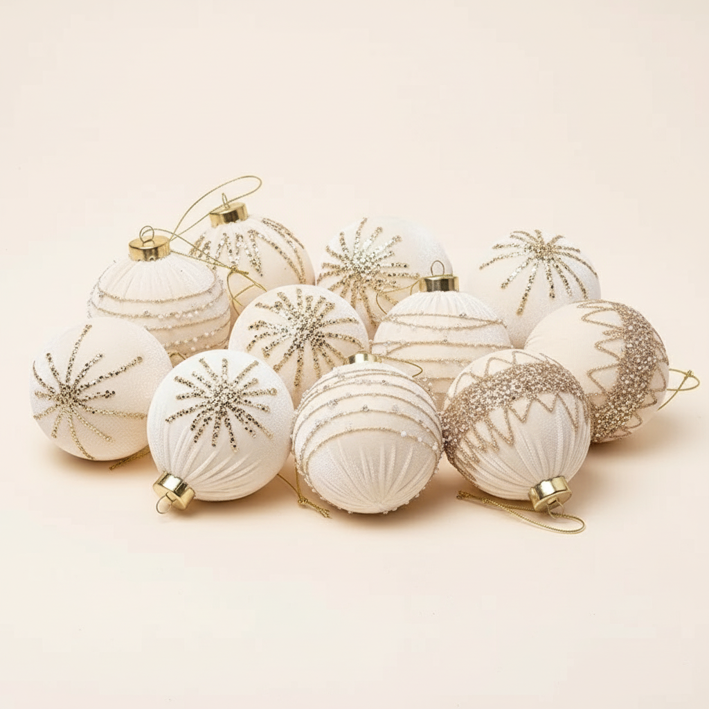 Zestaw 12 kremowym aksamitnych bombek ze złotymi zdobieniami ut