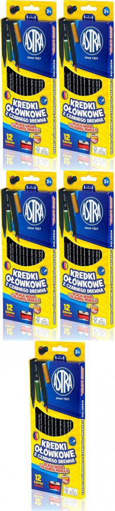 5x Kredki ołówkowe Astra, heksagonalne, z czarnego drewna, 12 kolorów + temperówka