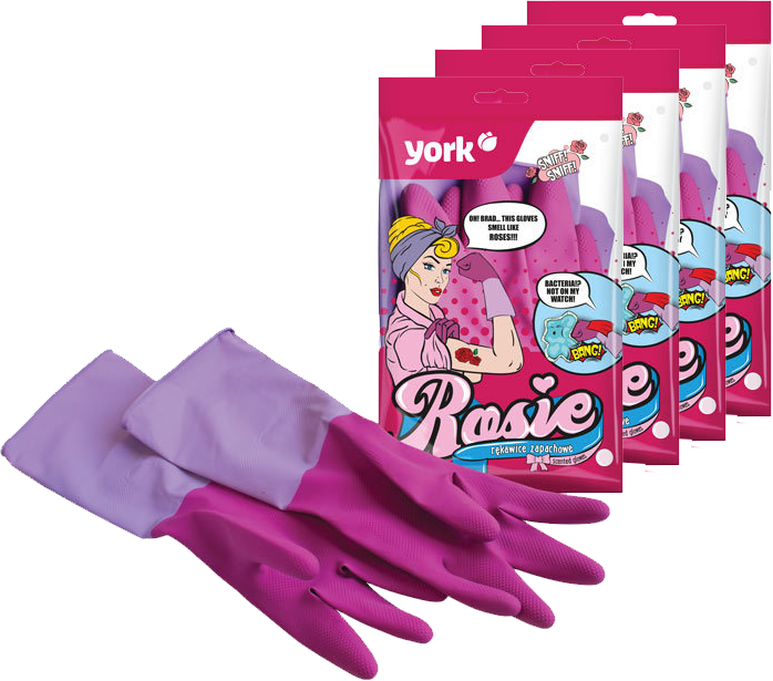 4x Rękawice lateksowe domowe, zapachowe York Rosie, z powłoką antybakteryjną, rozmiar L, 1 para, różowy