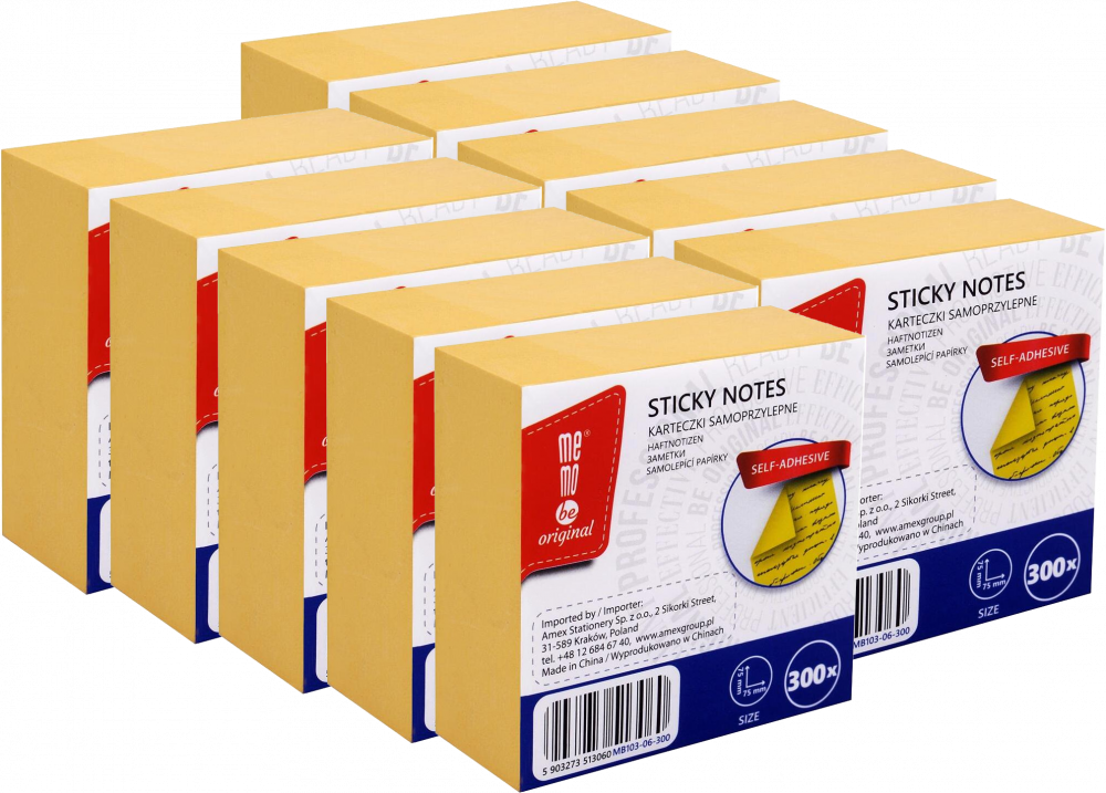 10x Karteczki samoprzylepne MemoBe, 75x75mm, 300 karteczek, żółty