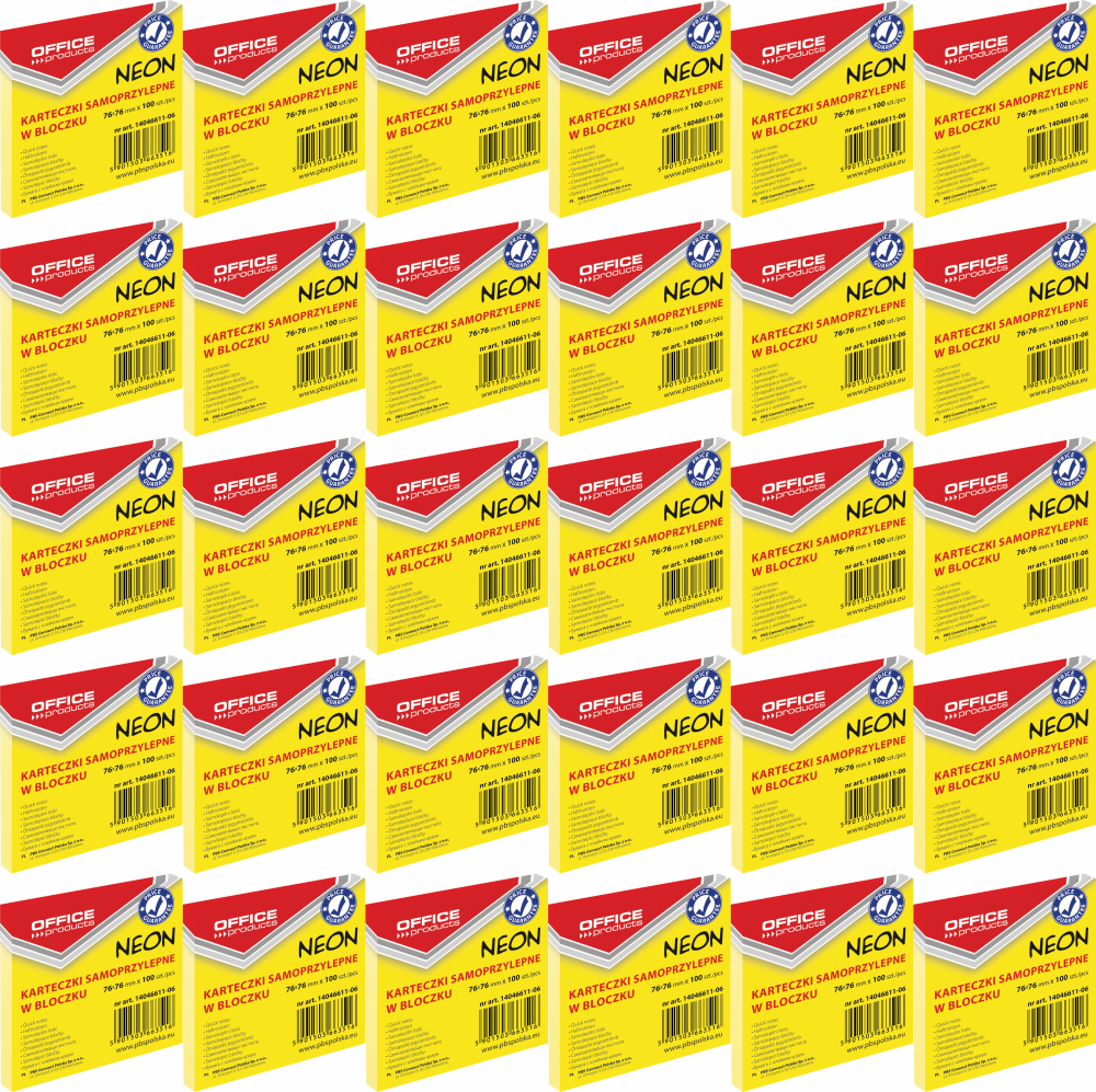 36x Karteczki samoprzylepne Office Products, 76x76mm, 100 karteczek, neonowy żółty