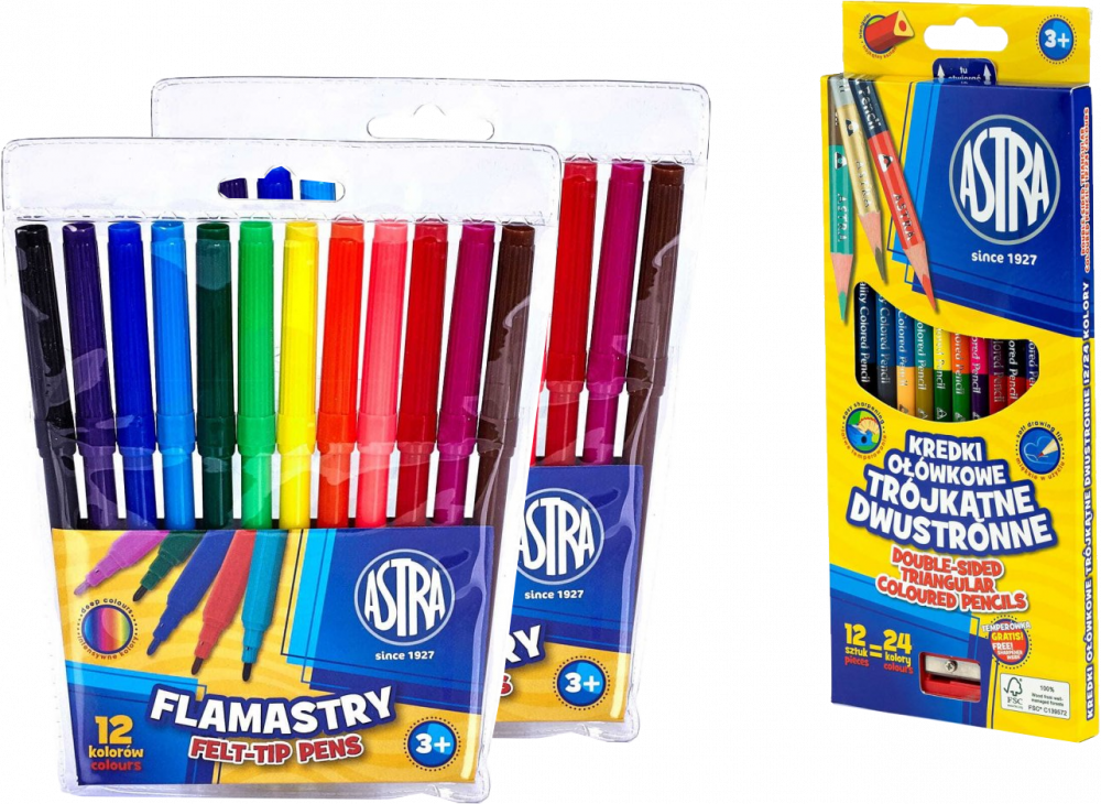 Zestaw: 2x Flamastry Astra CX, 12 sztuk, mix kolorów + Kredki ołówkowe dwustronne Astra, trójkątne, 12 sztuk (24 kolory) + temperówka, mix kolorów