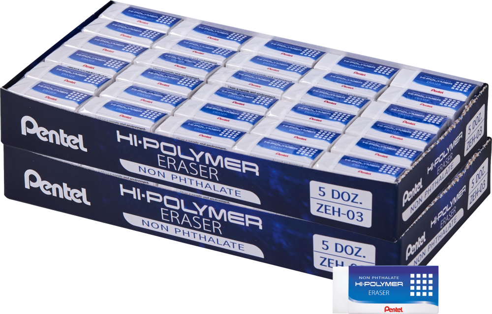 120x Gumka ołówkowa Pentel ZEH Hi-Polymer, 35x16x11.5mm, biały