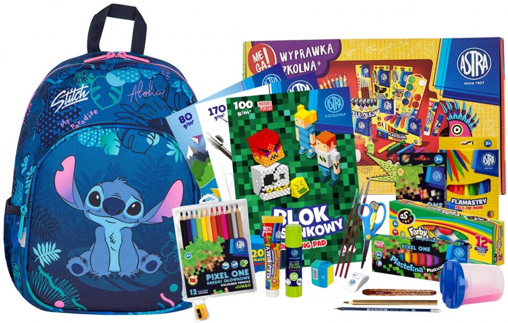 Zestaw: Plecak dla przedszkolaka CoolPack Toby Stitch + Wyprawka szkolna dla klas 1-3 Astra Pixel One (L), 21 elementów