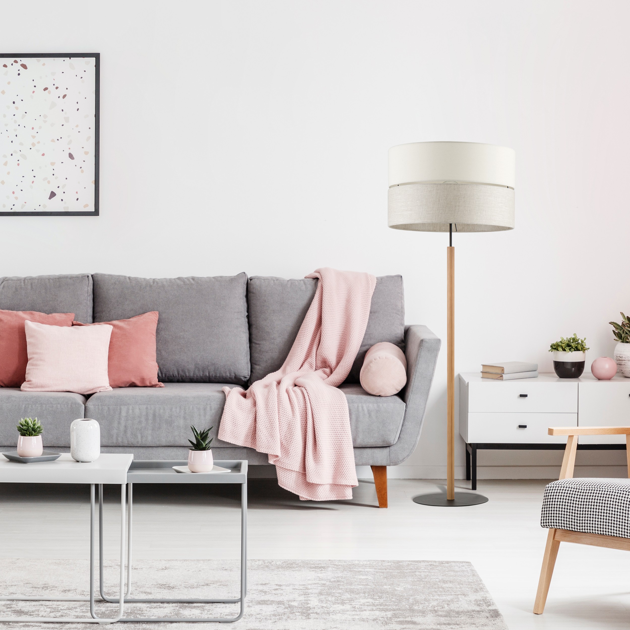 TK Lighting Eco lampa stojąca 1x15W szary/beżowy/drewno 5597