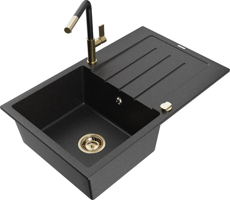 Zlewozmywak granitowy Mexen Bruno 1-komorowy z ociekaczem i baterią kuchenną Flora czarny/srebrny 6513-73-670401-57-G