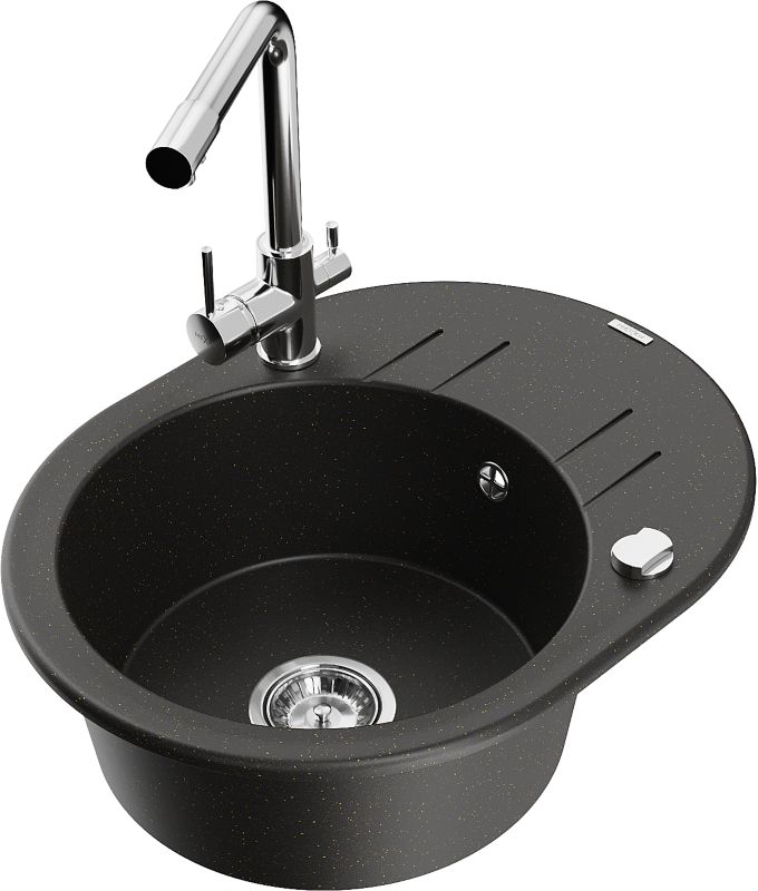 Zlewozmywak granitowy Mexen Kevin 1-komorowy z ociekaczem i baterią kuchenną Duero czarny/złoty 6517-75-671600-00