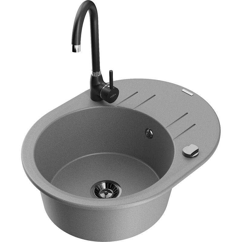 Zlewozmywak granitowy 1-komorowy Mexen Kevin z ociekaczem i baterią kuchenną Telma szary 6517-71-670200-70-B