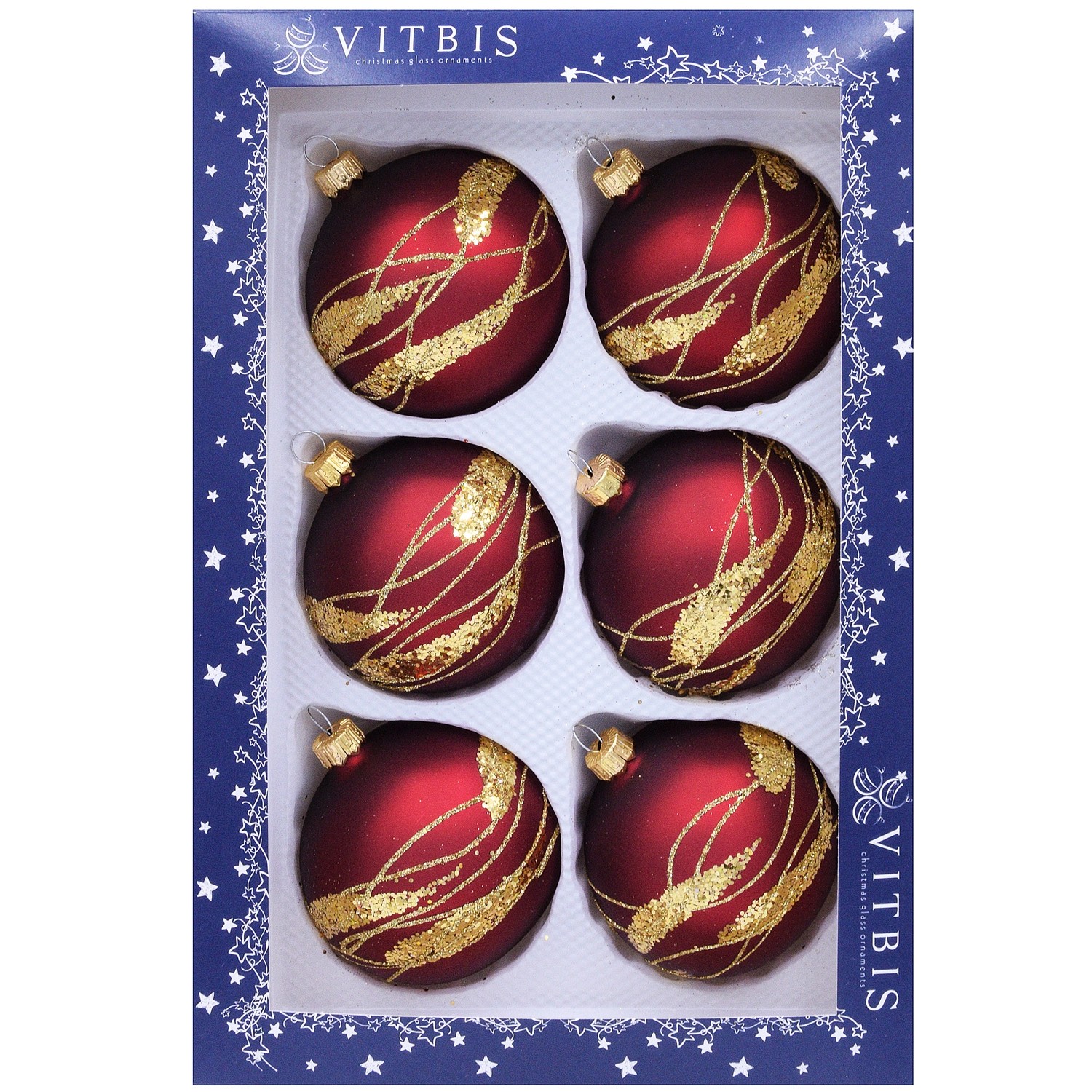 Bombki z dekorem tradycyjnym w pudełku bordowe śr. 8 cm - 6 szt.