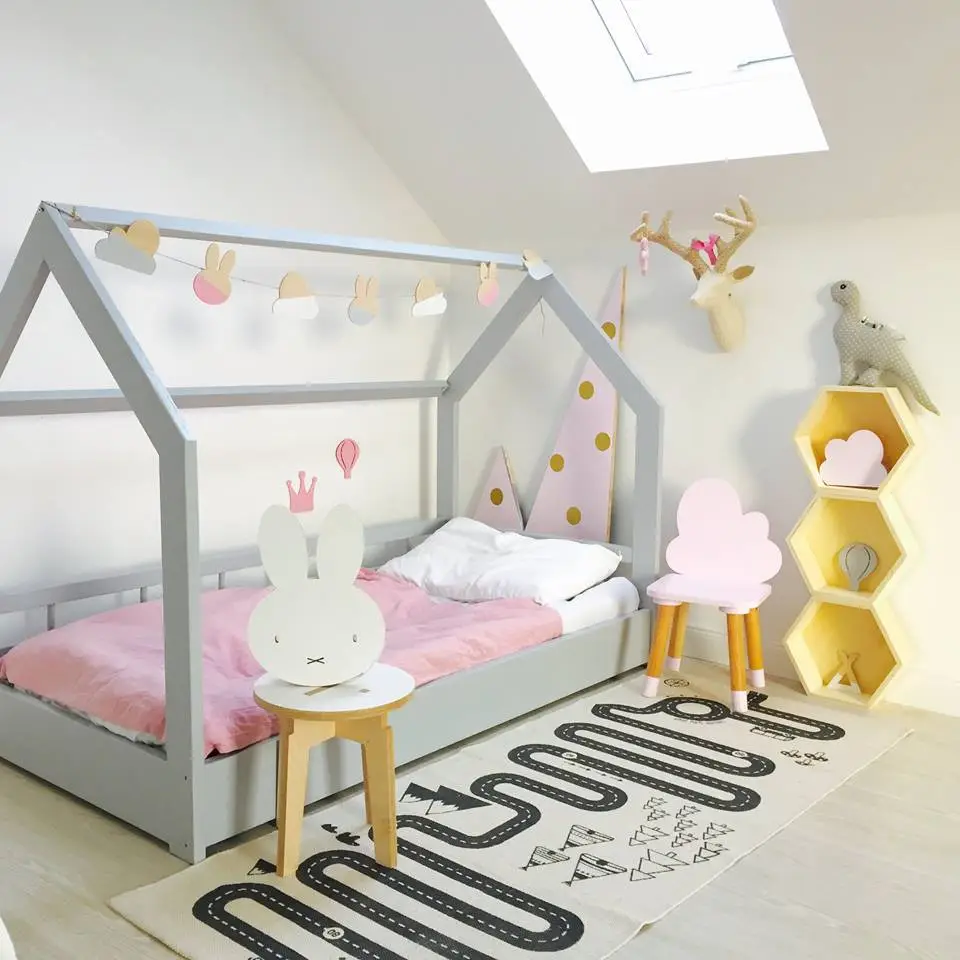 Łóżko domek z dwoma barierkami (boczna i szczytowa) WH - 80x200 - Naturalny