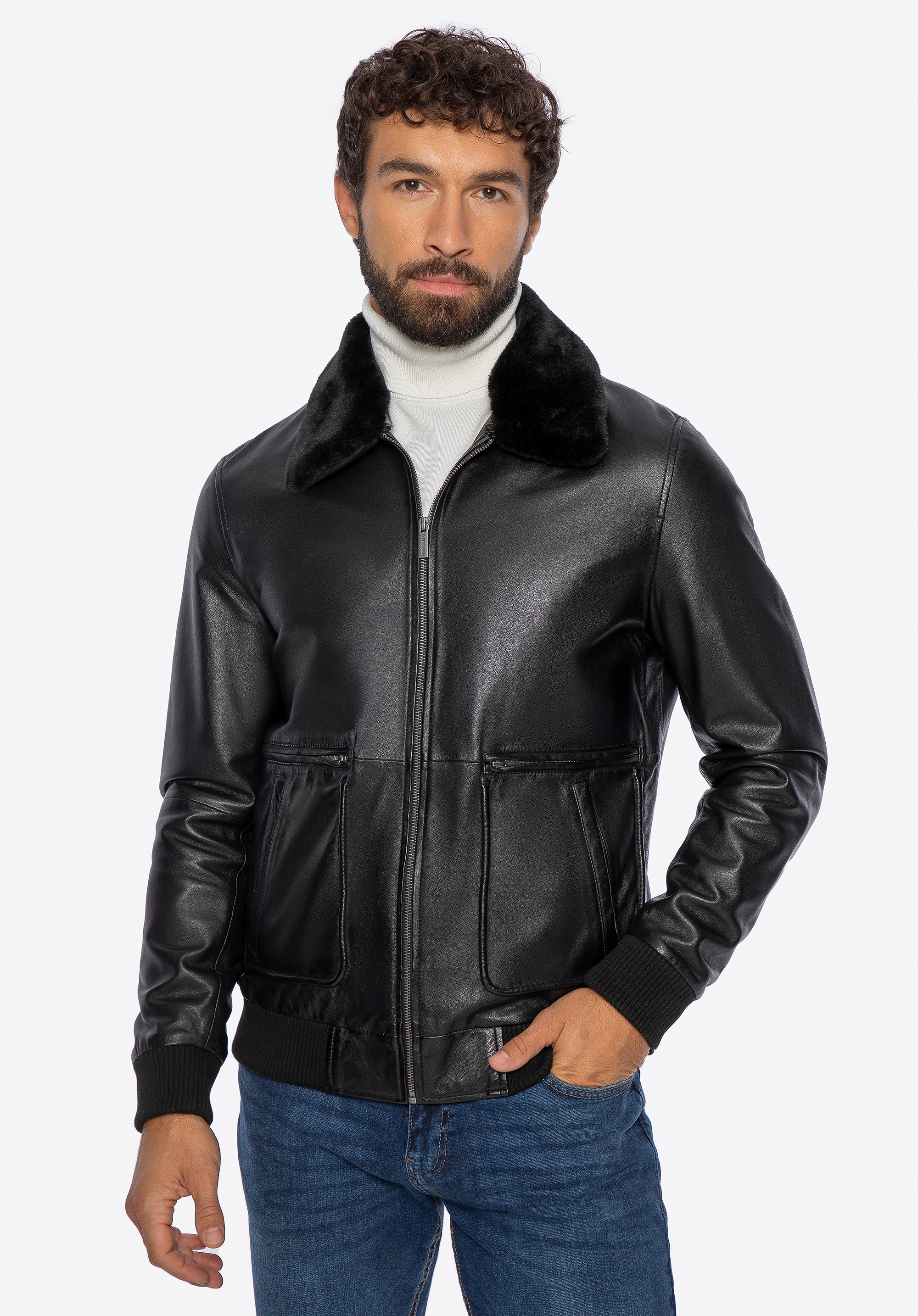 Męska kurtka ze skóry naturalnej z futrzanym kołnierzem czarna