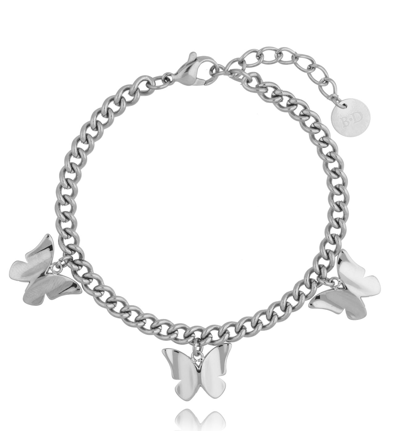 Bransoletka srebrna ze stali szlachetnej z motylkami - By Dziubeka
