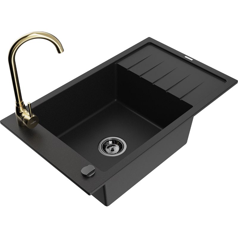 Zlewozmywak granitowy 1-komorowy Mexen Elias z ociekaczem i baterią kuchenną Telma czarny 6511-77-670200-50-B