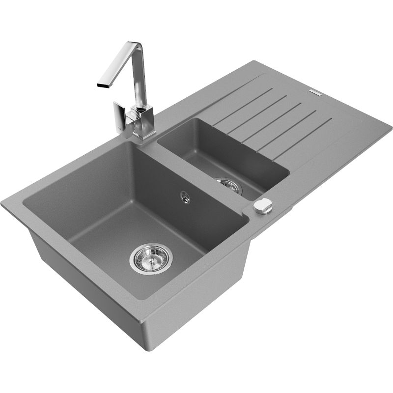 Zlewozmywak granitowy 1.5-komorowy Mexen Matias z ociekaczem i baterią kuchenną Rita szary 6502-71-670300-00